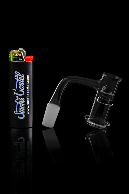 Black glass cannabis water pipe and lighter with “Smoke Cartel” branding reflected on a glossy surface.