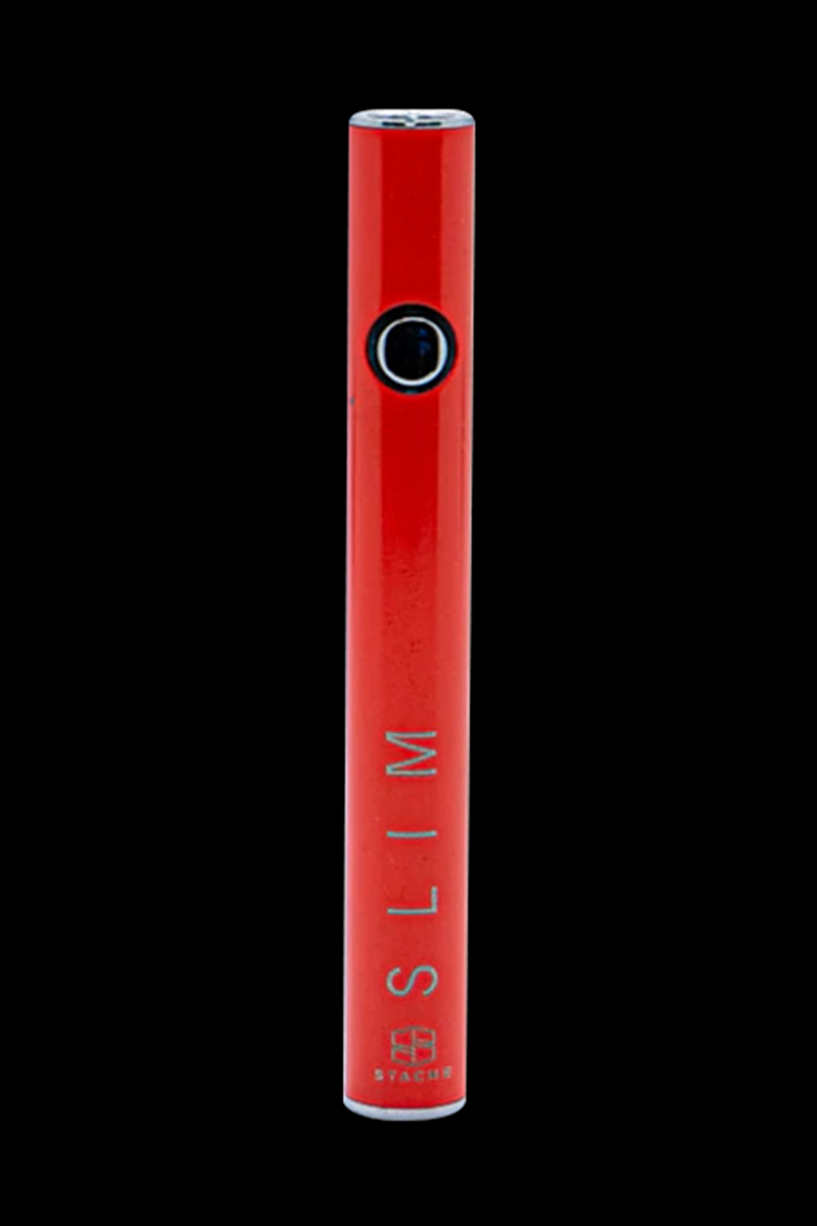 Red cannabis vape pen with “SLIM” vertically displayed.