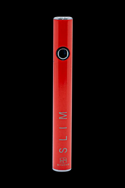 Red cannabis vape pen with “SLIM” vertically displayed.