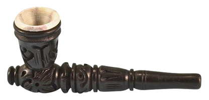 A side view of the Carved Wood Tobacco Pipe with Stone Bowl, showing a detailed, dark wood carving and a light-colored stone bowl.