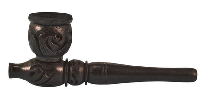A side view of the 4” Carved Wood Tobacco Pipe shows the detailed wood carving and smooth, dark finish.