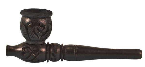 A side view of the 4” Carved Wood Tobacco Pipe shows the detailed wood carving and smooth, dark finish.