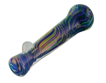 A close-up, angled view of the Multicolor Borosilicate Glass Chillum Taster, displaying its colorful glass material.