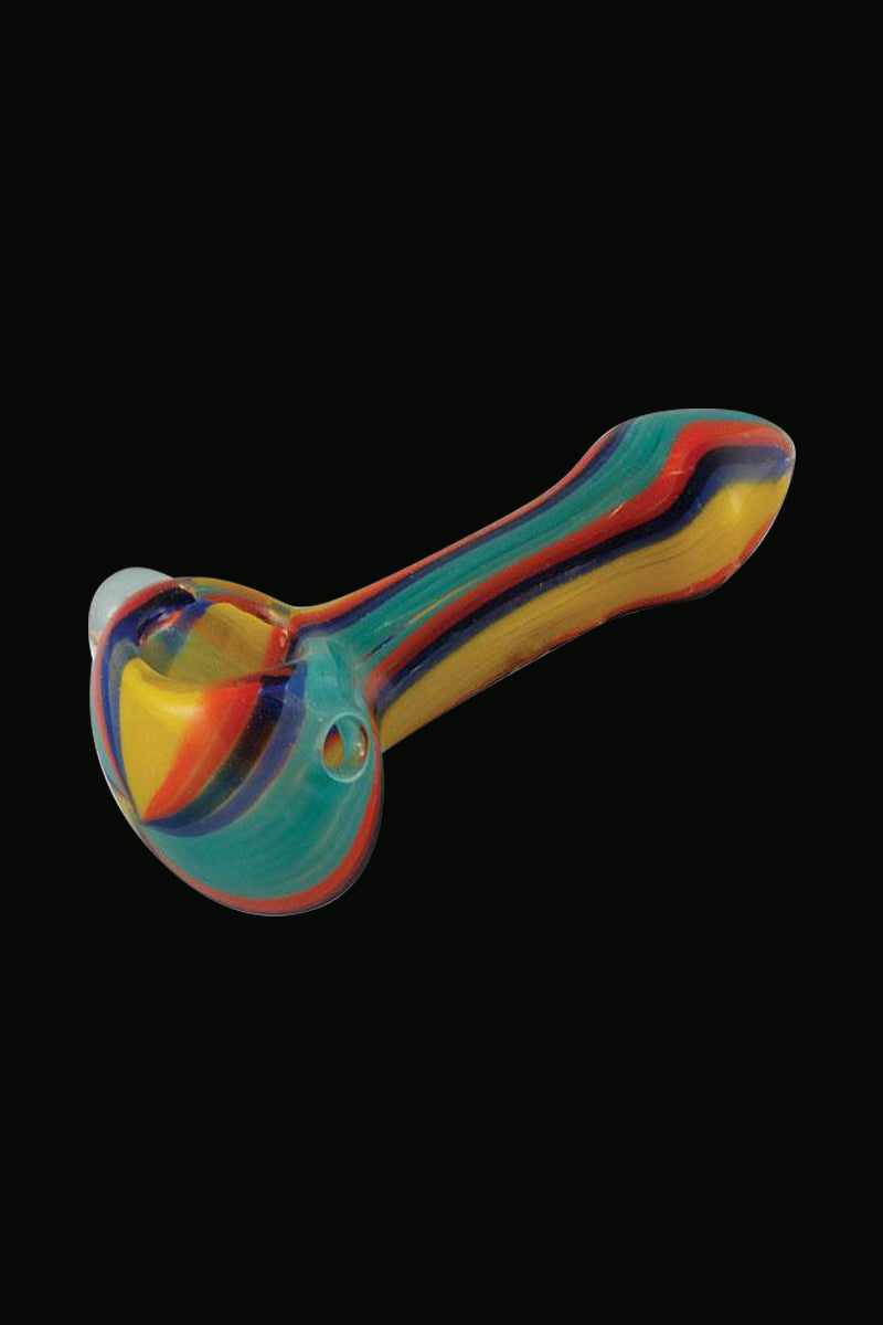 A side view of the Multicolored Glass Spoon Pipe With Stripes, showcasing its curved shape and striped glass design.