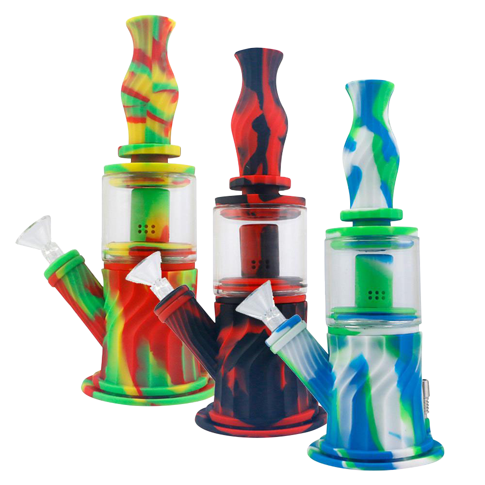 Front view of the 4-in-1 Multifunction Silicone Water Pipe, showcasing its colorful, patterned design and clear glass accents.