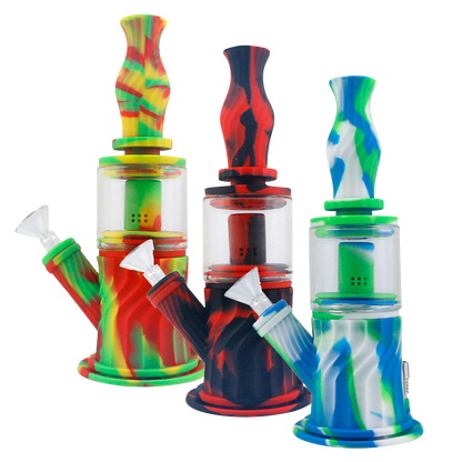 Front view of the 4-in-1 Multifunction Silicone Water Pipe, showcasing its colorful, patterned design and clear glass accents.