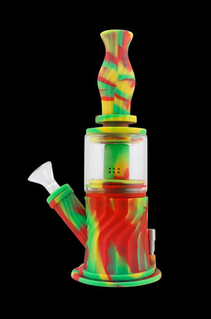 Front view of the 4-in-1 Multifunction Silicone Water Pipe, showcasing its colorful, patterned design and compact size.