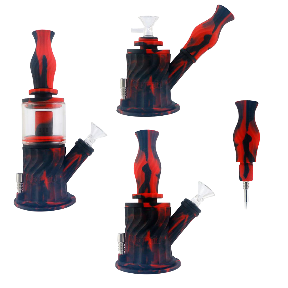 Front view of the 4-in-1 Multifunction Silicone Water Pipe, showing a red and black silicone pipe with a clear glass bowl.