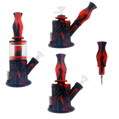 Front view of the 4-in-1 Multifunction Silicone Water Pipe, showing a red and black silicone pipe with a clear glass bowl.
