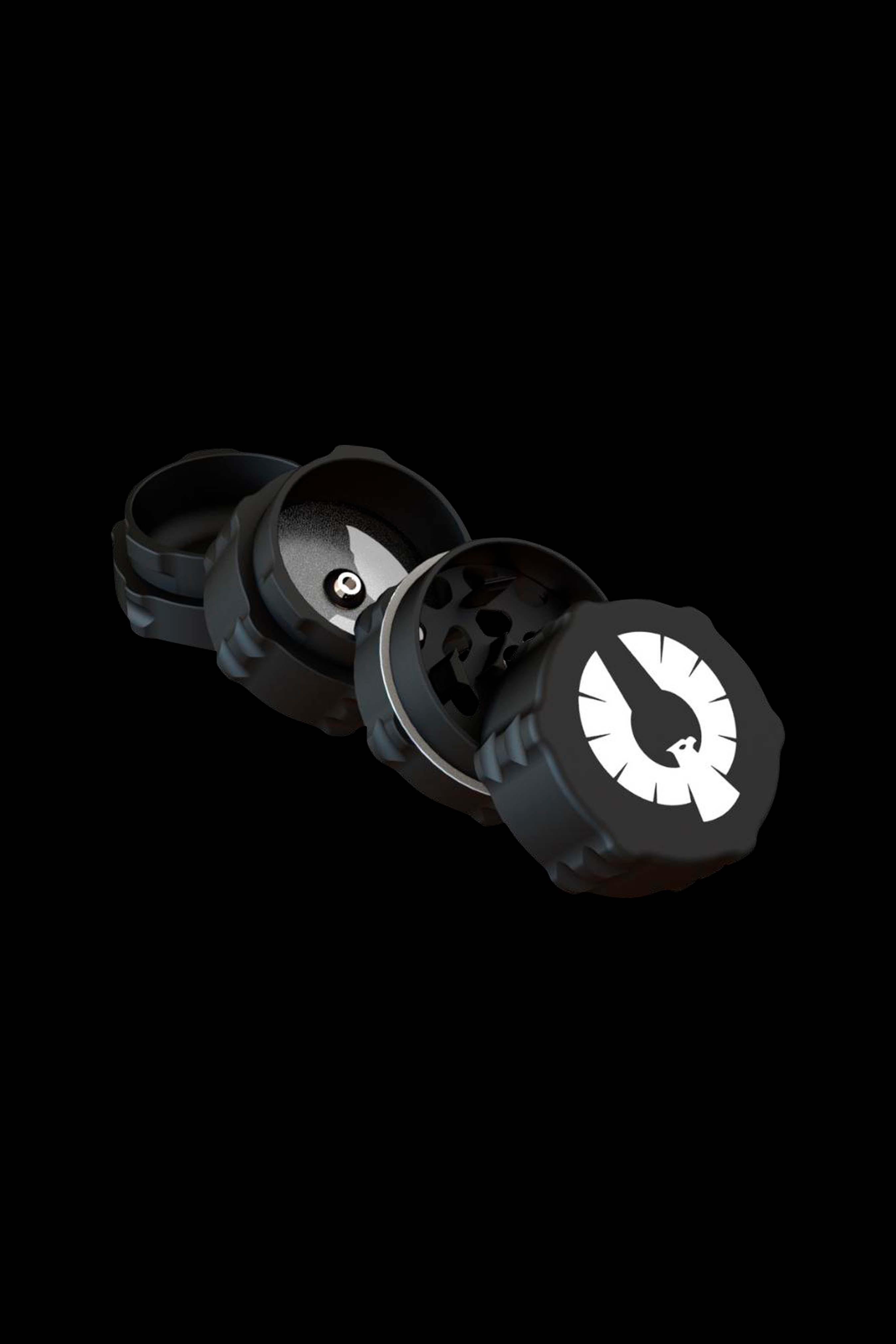Black cannabis grinder disassembled, showing individual parts against a dark background.