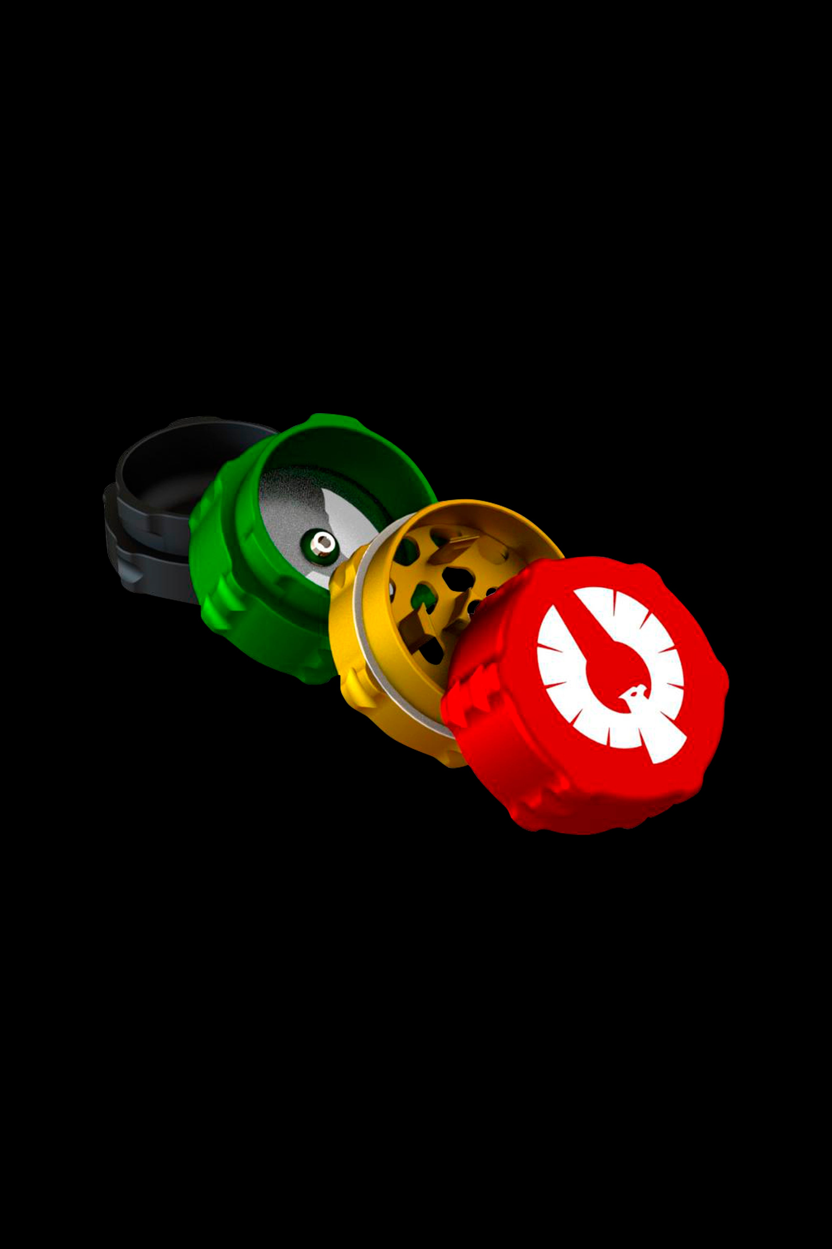 Exploded view of a colorful, multi-part cannabis grinder with red, gold, and green components, isolated on a black background.