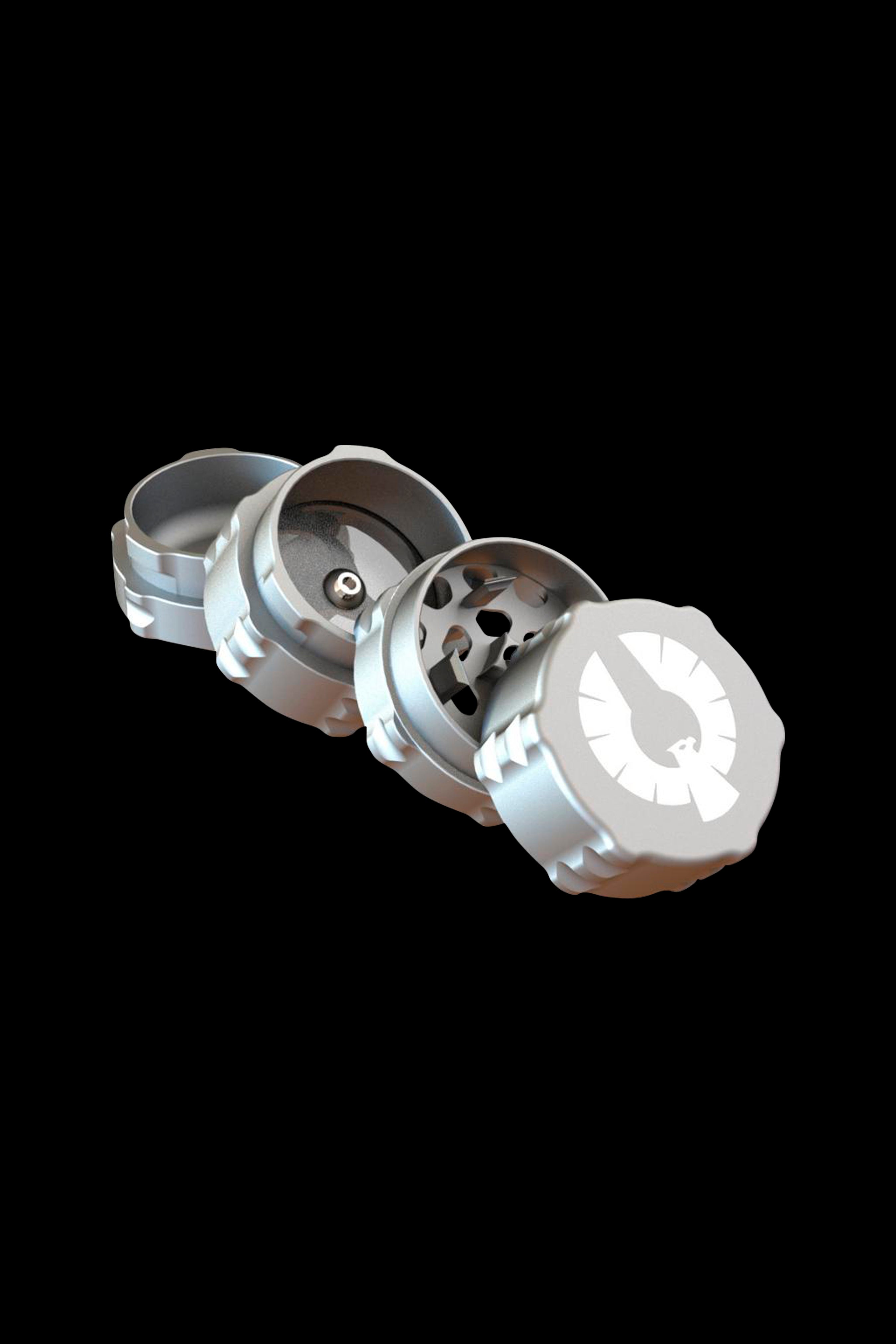 Silver four-piece cannabis grinder disassembled on a black background.