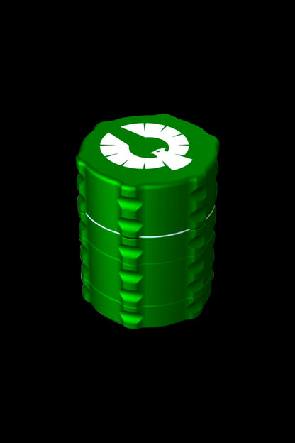 Green cylindrical cannabis storage container with a textured grip and a white eagle logo on the lid.