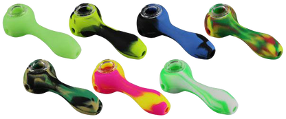 A close-up, angled view of the Unbreakable Classic Silicone Hand Pipe in multiple vibrant colors against a plain white background.