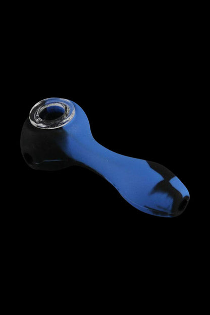 A side view of the Unbreakable Classic Silicone Hand Pipe, showcasing its dark gray, curved shape against a plain black background.