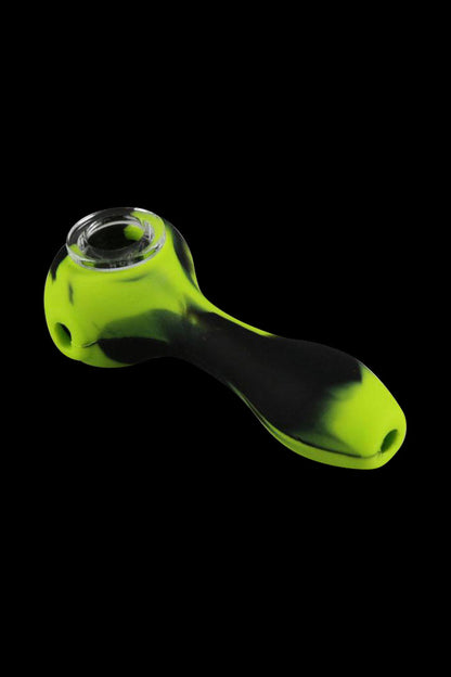 A three-quarter view of the Unbreakable Classic Silicone Hand Pipe, showing its curved form and dark green color against a plain white background.