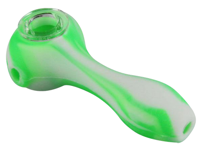 A close-up, angled view of the Unbreakable Classic Silicone Hand Pipe, showcasing its smooth, green silicone construction.