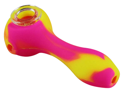 A front view of the Unbreakable Classic Silicone Hand Pipe, featuring a bright yellow and pink silicone construction.
