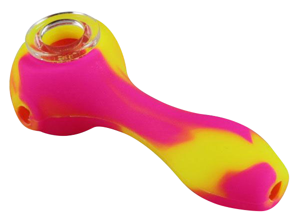 A front view of the Unbreakable Classic Silicone Hand Pipe, featuring a bright yellow and pink silicone construction.