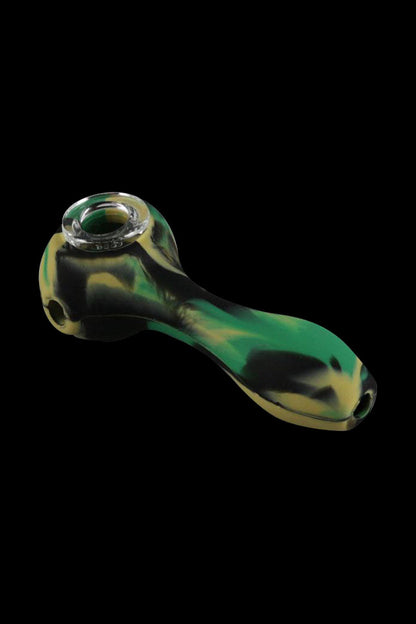 A close-up, angled view of the Unbreakable Classic Silicone Hand Pipe, showing its curved shape and textured surface.