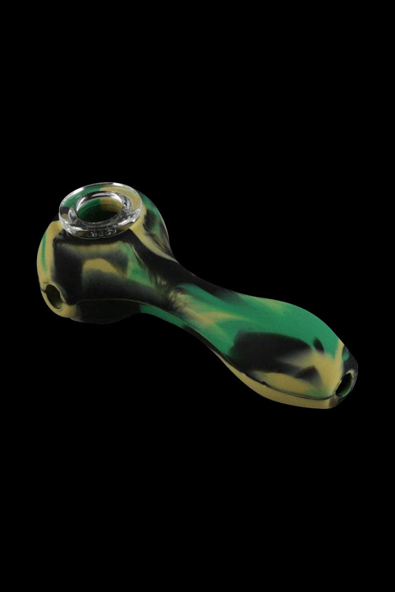 A close-up, angled view of the Unbreakable Classic Silicone Hand Pipe, showing its curved shape and textured surface.