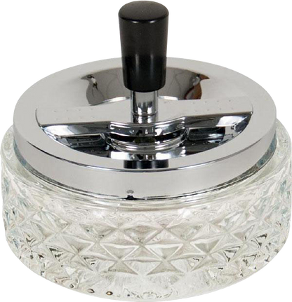 A close-up, angled view of the Glass Spinning Ashtray, showcasing its clear glass construction and rotating design.