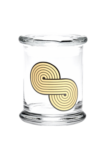A studio shot of the 420 Science "Infinity Symbol" Glass Jar, featuring a clear glass container with a looped, symbolic design. - 420 Science "Infinity Symbol" Glass Jar