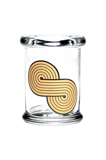 Front view of the 420 Science "Infinity Symbol" Glass Jar, showcasing a clear glass container with a swirling, infinity-shaped design. - 420 Science "Infinity Symbol" Glass Jar