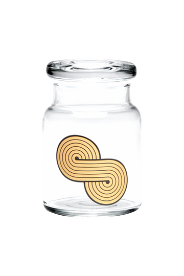 A centered, front view of the 420 Science "Infinity Symbol" Glass Jar, featuring a circular design etched into clear glass. - 420 Science "Infinity Symbol" Glass Jar