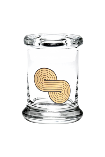 A centered, front view of the 420 Science "Infinity Symbol" Glass Jar, featuring a decorative, swirling design within clear glass. - 420 Science "Infinity Symbol" Glass Jar