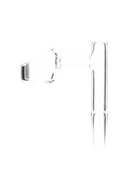 Close-up studio shot of the GRAV® 90° Quartz Banger with 10mm Male Joint, showcasing its clean, angled design against a neutral backdrop.