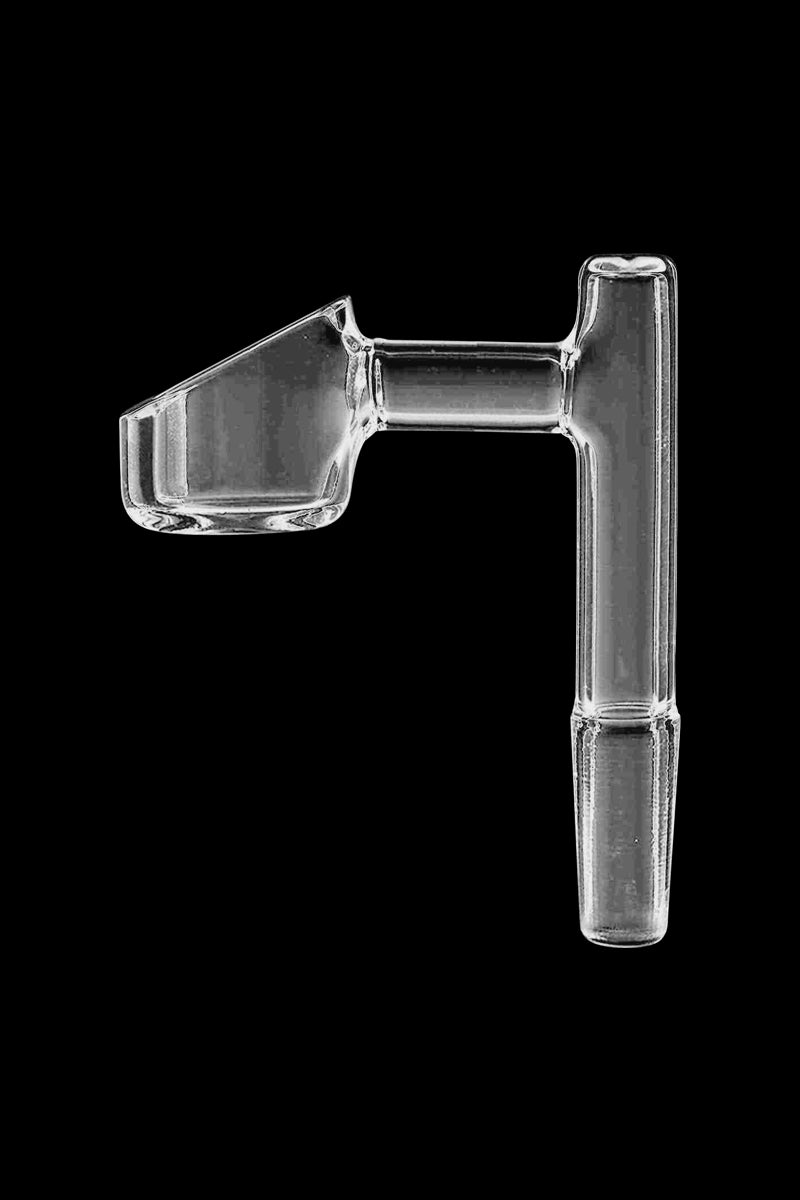 A studio shot displays the GRAV® 90° Quartz Banger with 10mm Male Joint, showing its clear quartz construction and angled design.