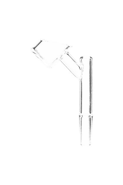 A close-up, angled view of the GRAV® 45° Quartz Banger with 10mm Male Joint, displaying its clean, reflective surface.
