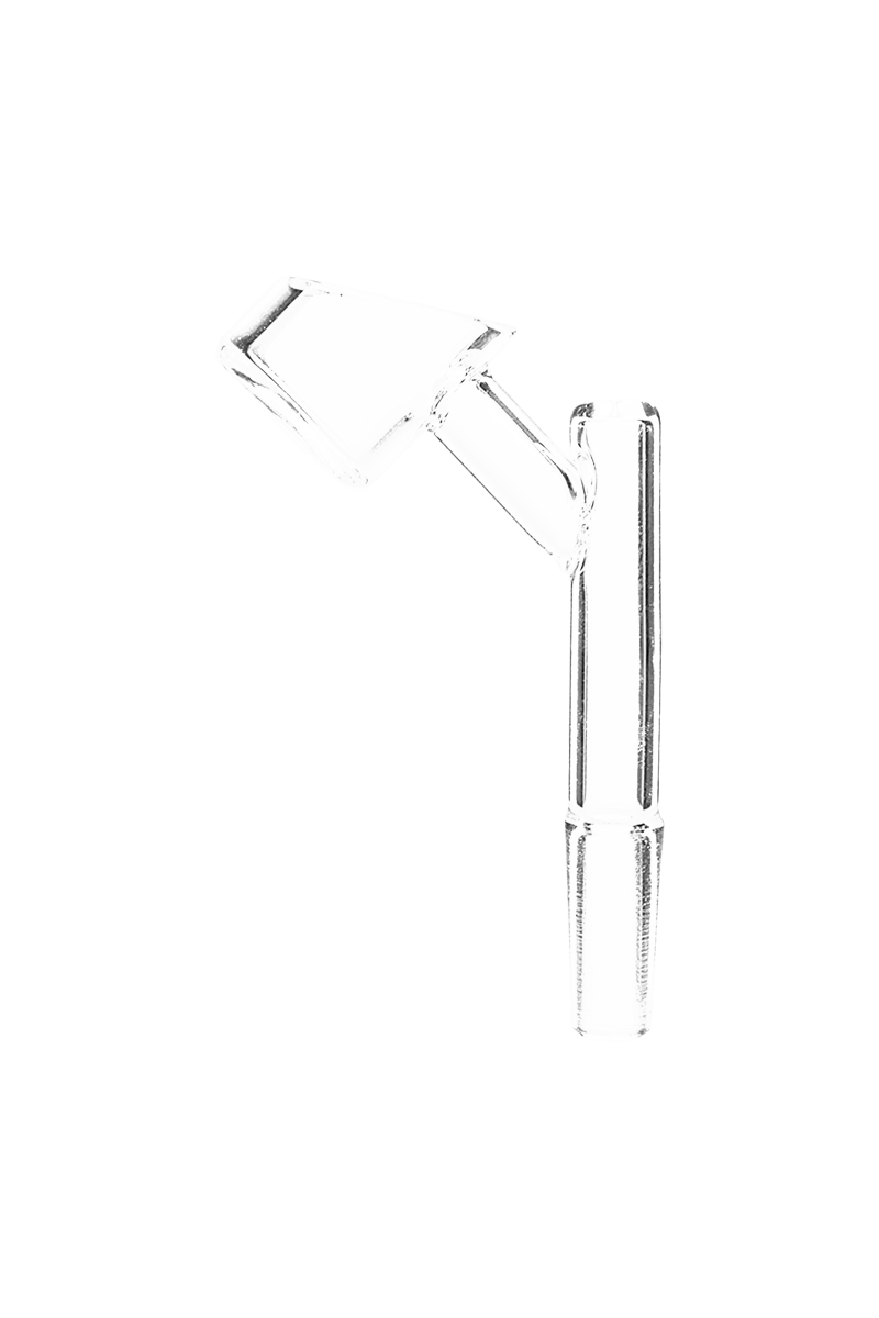 A close-up, angled view of the GRAV® 45° Quartz Banger with 10mm Male Joint, displaying its clean, reflective surface.