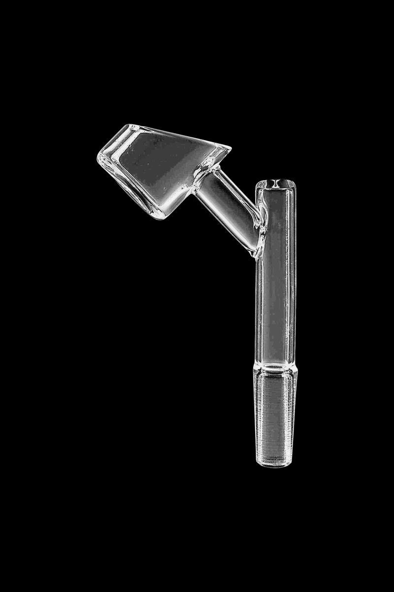 A close-up of the GRAV® 45° Quartz Banger with 10mm Male Joint, angled slightly and lit against a dark background.