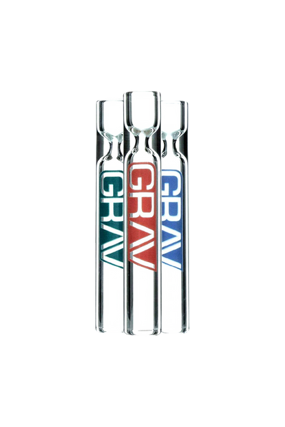 A vertical arrangement of ten clear, cylindrical GRAV® 12mm Tasters, displayed against a plain white background.