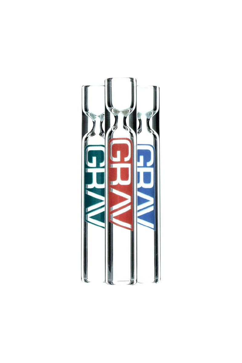 A vertical arrangement of ten clear, cylindrical GRAV® 12mm Tasters, displayed against a plain white background.