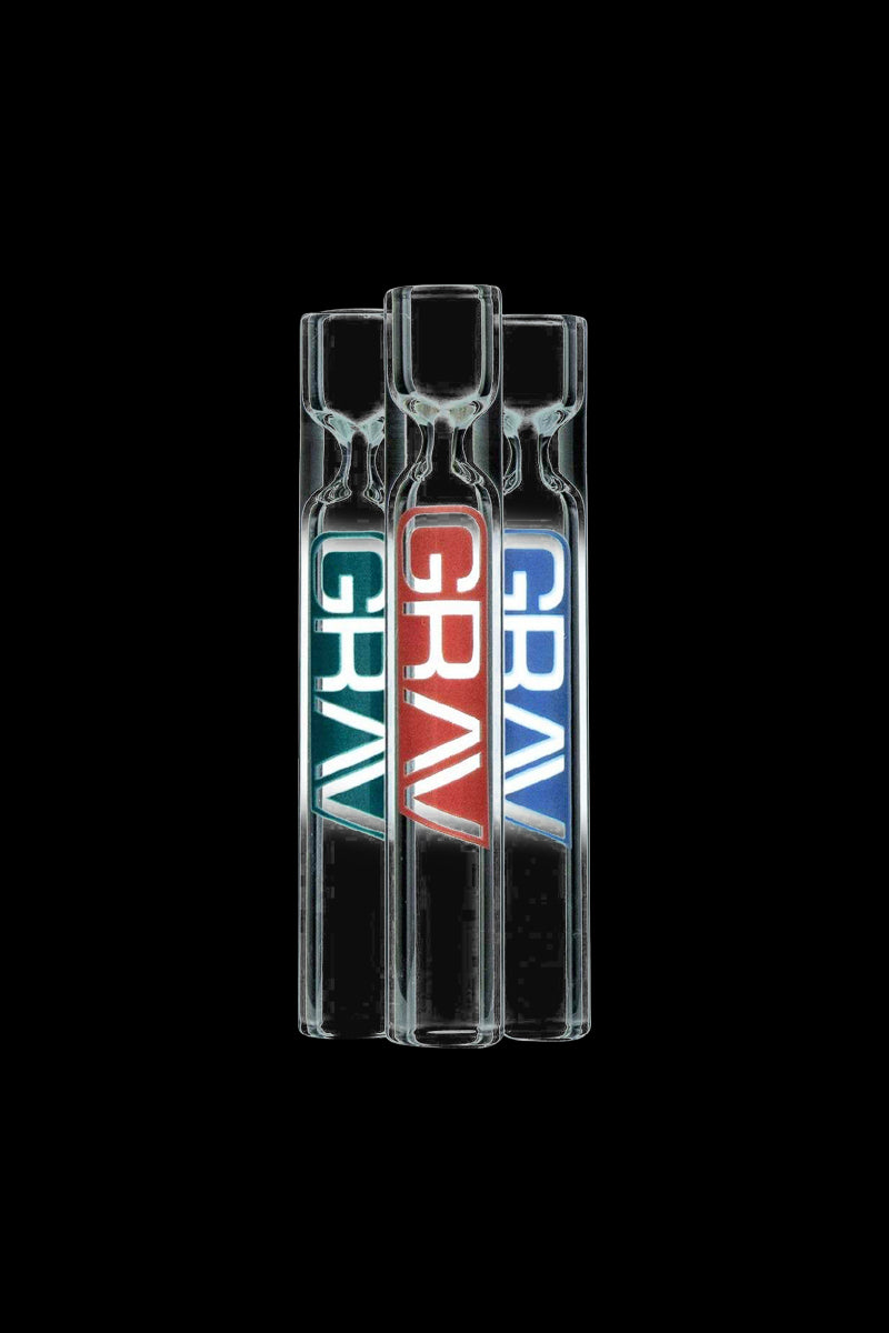 A side view of ten clear GRAV® 12mm Taster glass pieces arranged vertically against a black background.