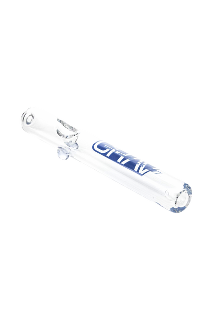 A side view of the GRAV® Clear Classic Steamroller, showcasing its transparent glass construction and simple cylindrical shape.