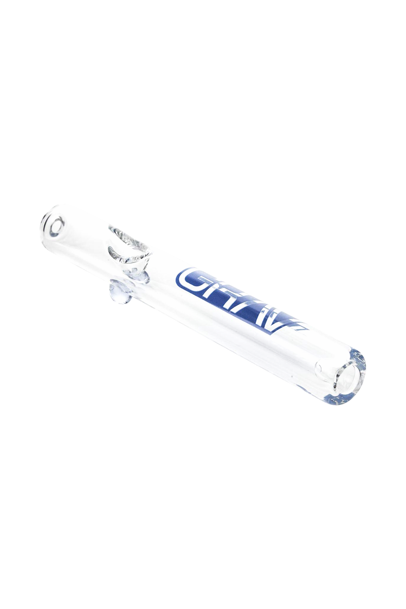 A side view of the GRAV® Clear Classic Steamroller, showcasing its transparent glass construction and simple cylindrical shape.