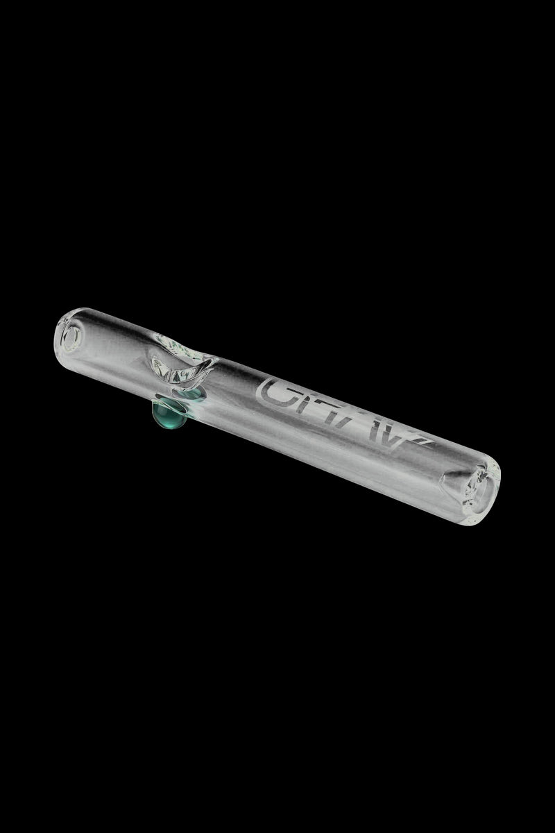 A side view of the GRAV® Clear Classic Steamroller, showing the clear glass pipe angled against a black background.