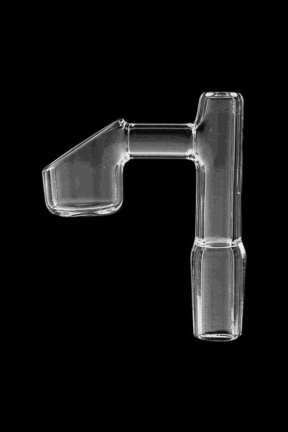 A studio shot of the GRAV® 14.5mm 90° Male Banger, displaying its clear glass construction and angled joint from a side view.