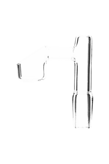 A close-up, angled view of the GRAV® 14.5mm 90° Male Banger, showcasing its polished glass construction.