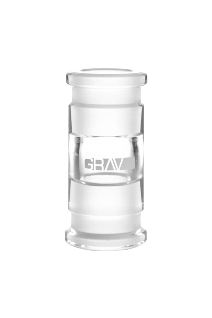 A straight-on view of the GRAV® 18.8mm Female to Female Straight Adapter, made of clear glass.