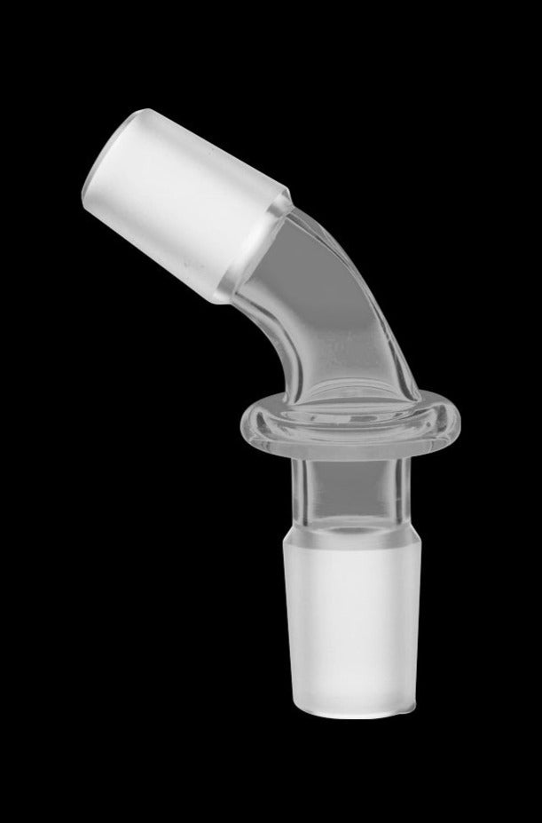 A clear glass, angled view of the GRAV® 18.8mm Male to Male Glass Adapter, showing its simple cylindrical shape.