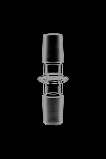 A straight-on view of the GRAV® 18.8mm Male to Male Glass Adapter, showcasing its clear glass construction and simple cylindrical shape.