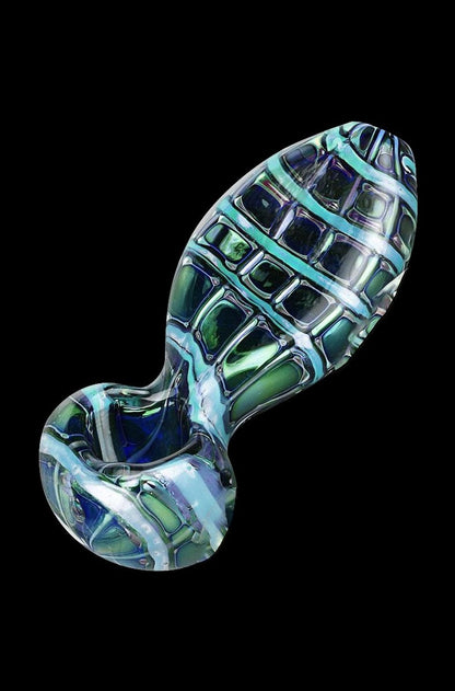 Hand-blown glass cannabis pipe with intricate teal and green geometric patterns.