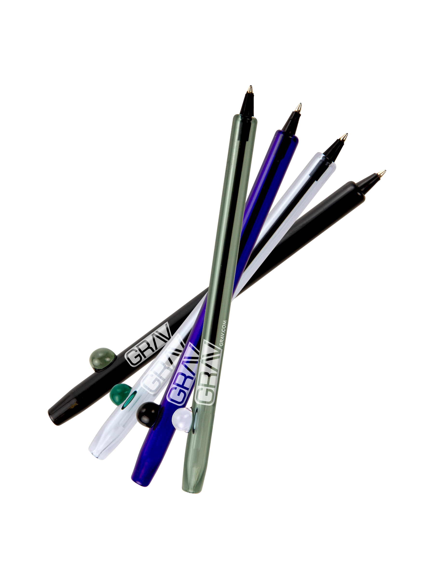 A slightly angled view of ten GRAV® Boro Writing Pens, stacked and displayed against a plain white background.