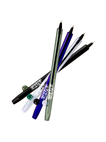 A slightly angled view of ten GRAV® Boro Writing Pens, stacked and displayed against a plain white background.