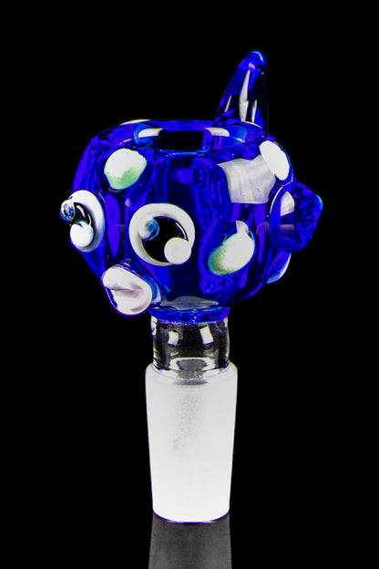 Blue glass cannabis water pipe bowl with white polka dots.